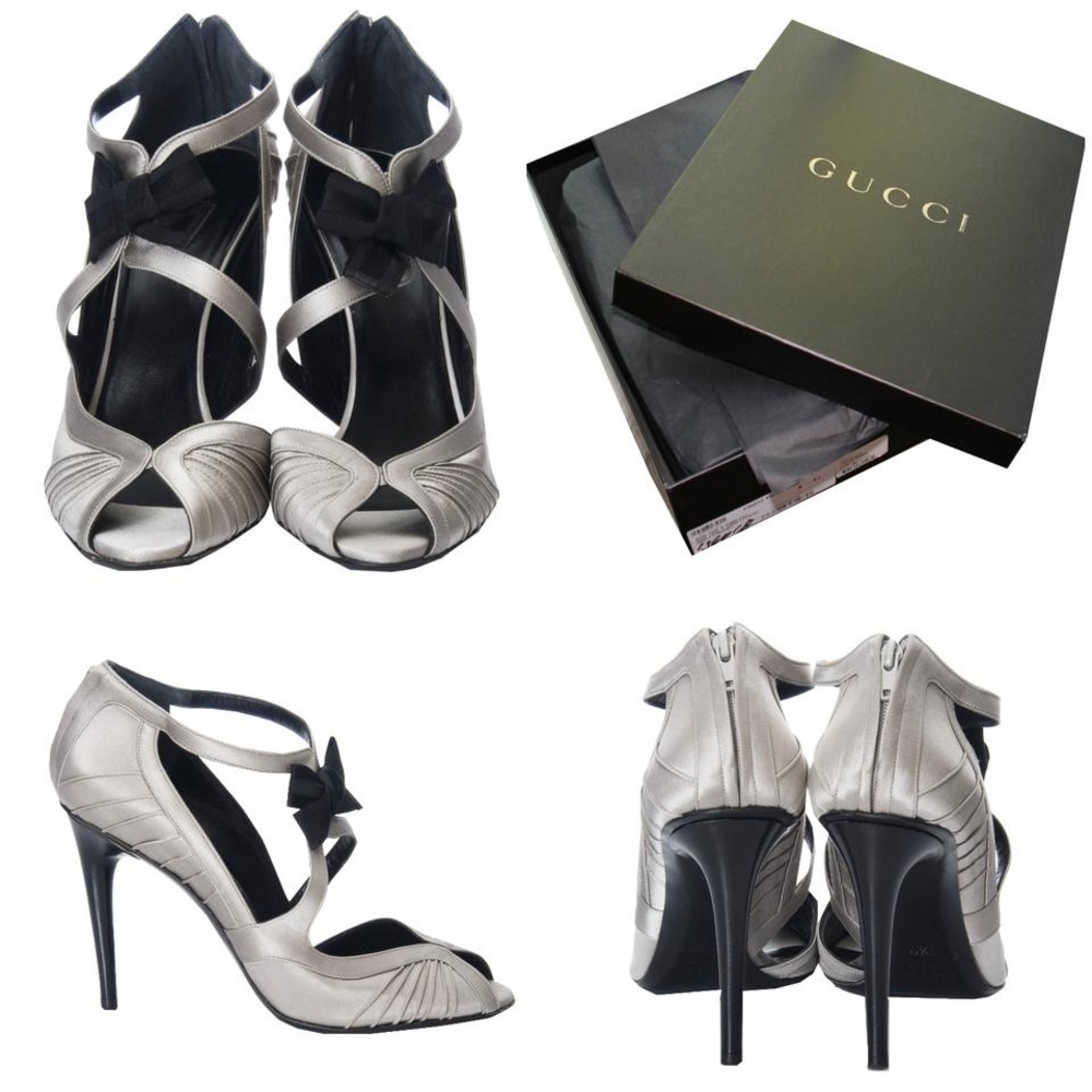 Authentic Gucci rare peep-toe grey satin heels